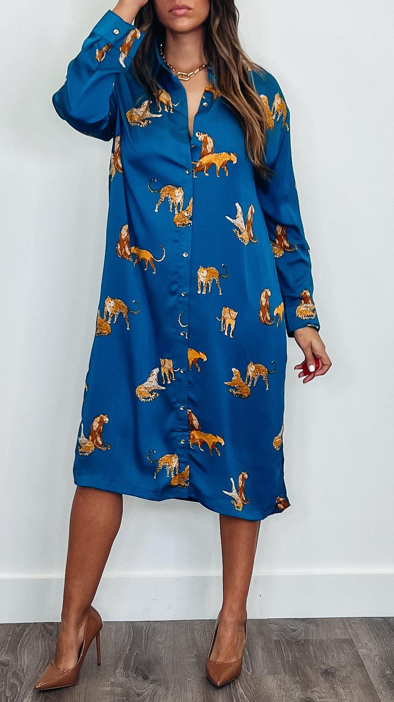 Fall Tiger Dress Teal - PRINZZESA BOUTIQUE