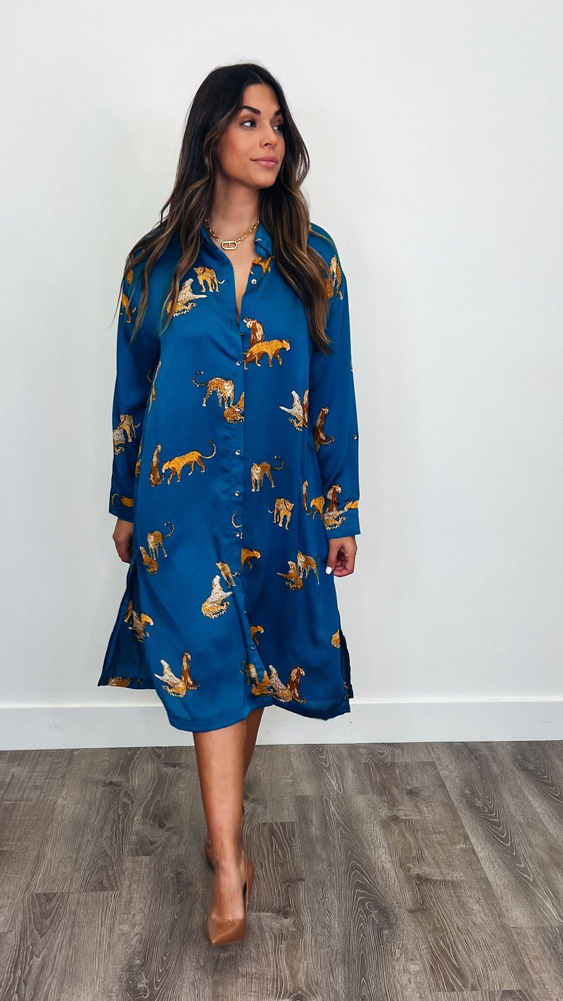 Fall Tiger Dress Teal - PRINZZESA BOUTIQUE