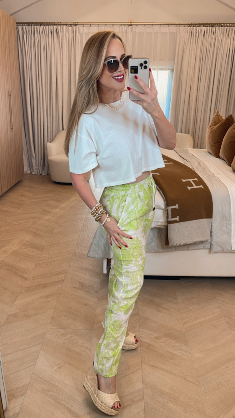 Lecce Printed Lime Green Linen Pants