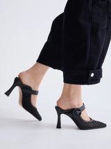 Black Netted Mule Heels