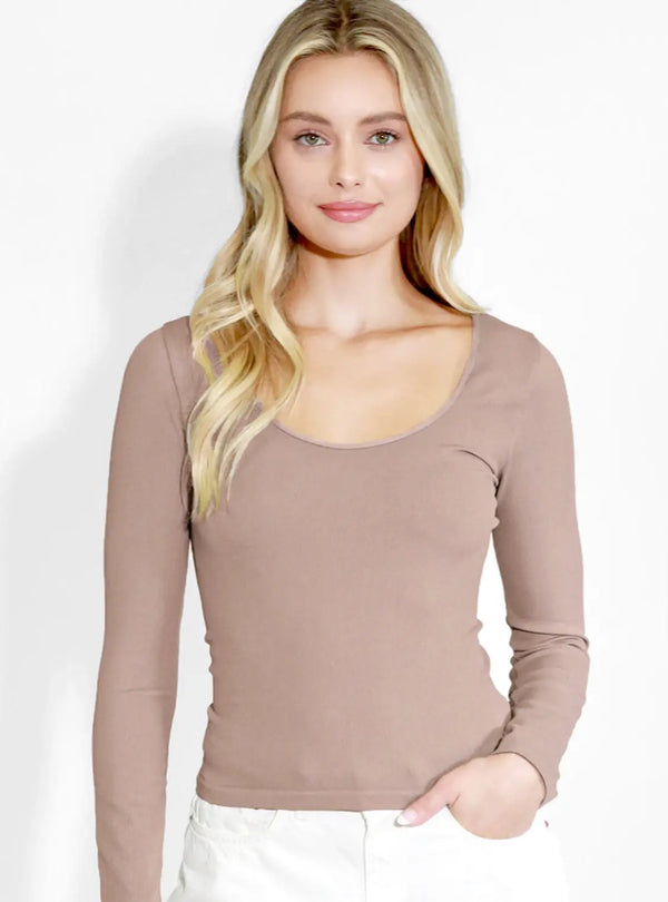 Madeline Long Sleeve Ribbed Scoop Neck Top One Size - PRINZZESA BOUTIQUE