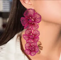 Rosy Fuchia Wired Flower Long Cascade Handmade Crochet Earrings - PRINZZESA BOUTIQUE