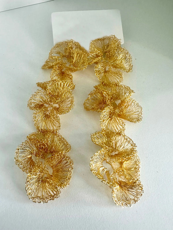Rosy Gold Wired Flower Long Cascade Handmade Crochet Earrings - PRINZZESA BOUTIQUE