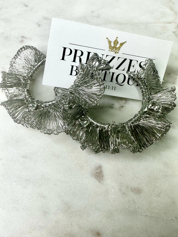 Silver Large Ruffled Hoops With Crystals Handmade Crochet Earrings - PRINZZESA BOUTIQUE