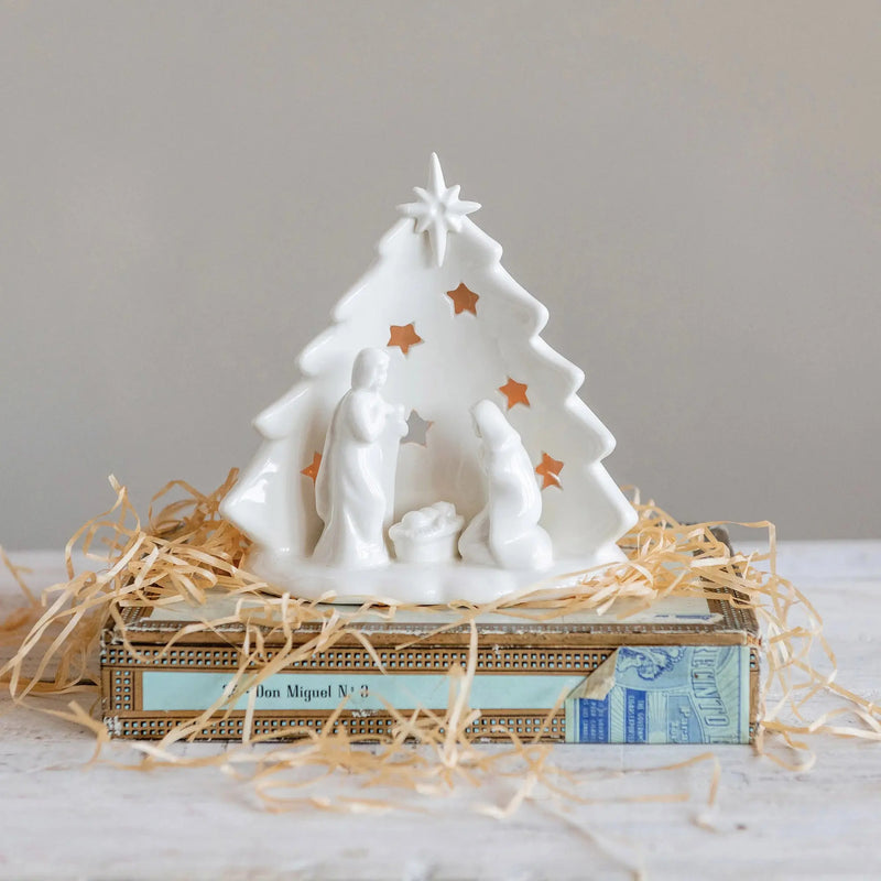 Stoneware Holy Family with Tree and Star Cutouts Tea Light Holder - PRINZZESA BOUTIQUE