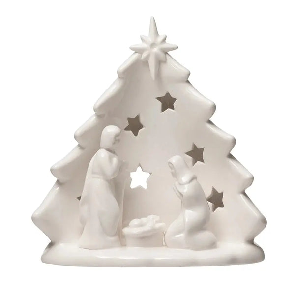 Stoneware Holy Family with Tree and Star Cutouts Tea Light Holder - PRINZZESA BOUTIQUE
