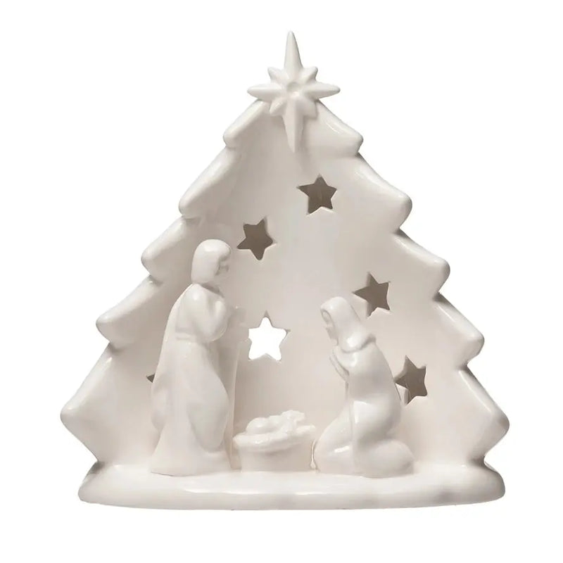 Stoneware Holy Family with Tree and Star Cutouts Tea Light Holder - PRINZZESA BOUTIQUE