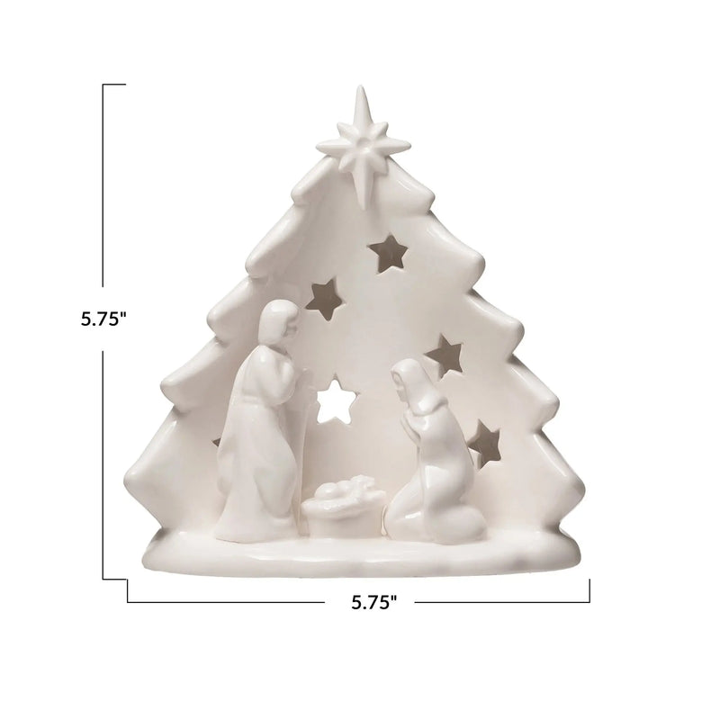 Stoneware Holy Family with Tree and Star Cutouts Tea Light Holder - PRINZZESA BOUTIQUE