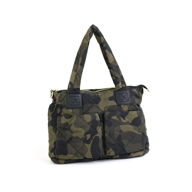 Neoprene Tote Bag Green Camo w/ Pink & Orange Stripes