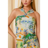 Tropical Conversational Knotted Halter Mini Dress