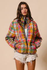 Bleached Vintage Plaid Quilted Jacket With Pockets