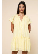 Eyelet Ruffled Shift Dress Lemon