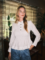 Smocked Charm Peplum Off White Blouse