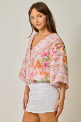 Border Print Front Wrap Kimono Top