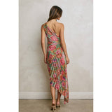 Floral One Shoulder Asymmetrical Pleated Dress