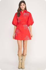 Embroidered Puff Sleeve Belted Mini Shirt Dress