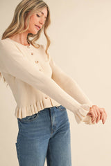 RUFFLE HEM RIBBED KNIT SWEATER CARDIGAN Blue