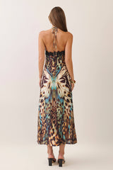 Butterfly print lace trim halter maxi dress