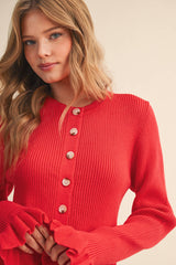 RUFFLE HEM RIBBED KNIT SWEATER CARDIGAN Blue