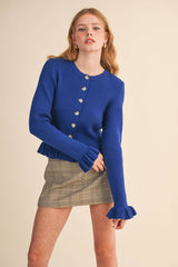 RUFFLE HEM RIBBED KNIT SWEATER CARDIGAN Blue