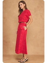 Red Floral Embroidery Cotton Lace Trim Skirt Top Set