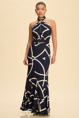 Navy Geometric Print Belt Maxi Dress