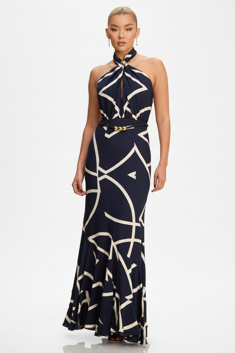 Navy Geometric Print Belt Maxi Dress Small