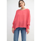 SOLID OVERSIZED TOP WITH SMOCKED CUFF SLEEVE Coral