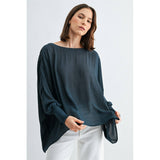BOAT NECK OVERSIZE TOP WITH SMOCKED CUFF SLEEVE