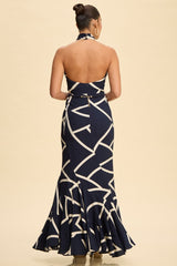 Navy Geometric Print Belt Maxi Dress
