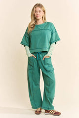 MINERAL WASHED TOP ELASIC WAIST BARREL PANTS SET