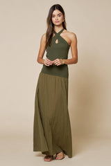 Crisscross Halter Contrast Knit & Woven Maxi Dress in Olive