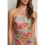 Floral One Shoulder Asymmetrical Pleated Dress
