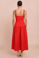 Red Textured Woven Midi Belt Dress