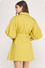Embroidered Puff Sleeve Belted Mini Shirt Dress