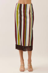 Striped Fringe Hem Midi Skirt