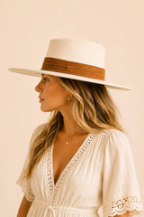 Tasha Boater Crown Hat- Beige