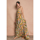 Tropical Smocked V Neck Halter Maxi Dress