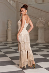 Bohemian Heirloom Tiered Fringe Dress in Khaki