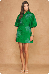 Embroidered Puff Sleeve Belted Mini Shirt Dress