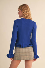 RUFFLE HEM RIBBED KNIT SWEATER CARDIGAN Blue