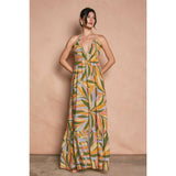 Tropical Smocked V Neck Halter Maxi Dress