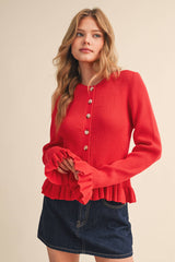 RUFFLE HEM RIBBED KNIT SWEATER CARDIGAN Blue