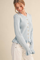 RUFFLE HEM RIBBED KNIT SWEATER CARDIGAN Blue