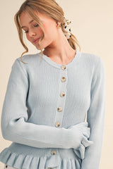 RUFFLE HEM RIBBED KNIT SWEATER CARDIGAN Blue