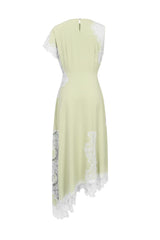 Satin Lace Asymmetric Maxi Dress in Sage