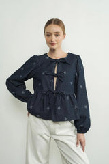 Lara Bow Print Denim Bow Tie Blouse - PRINZZESA BOUTIQUE
