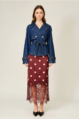 Polka Dot Lace Satin Midi Skirt