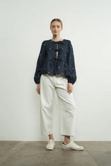 Lara Bow Print Denim Bow Tie Blouse - PRINZZESA BOUTIQUE