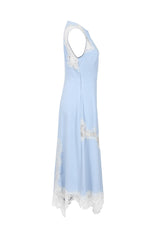 Satin Lace Asymmetric Maxi Dress in Blue